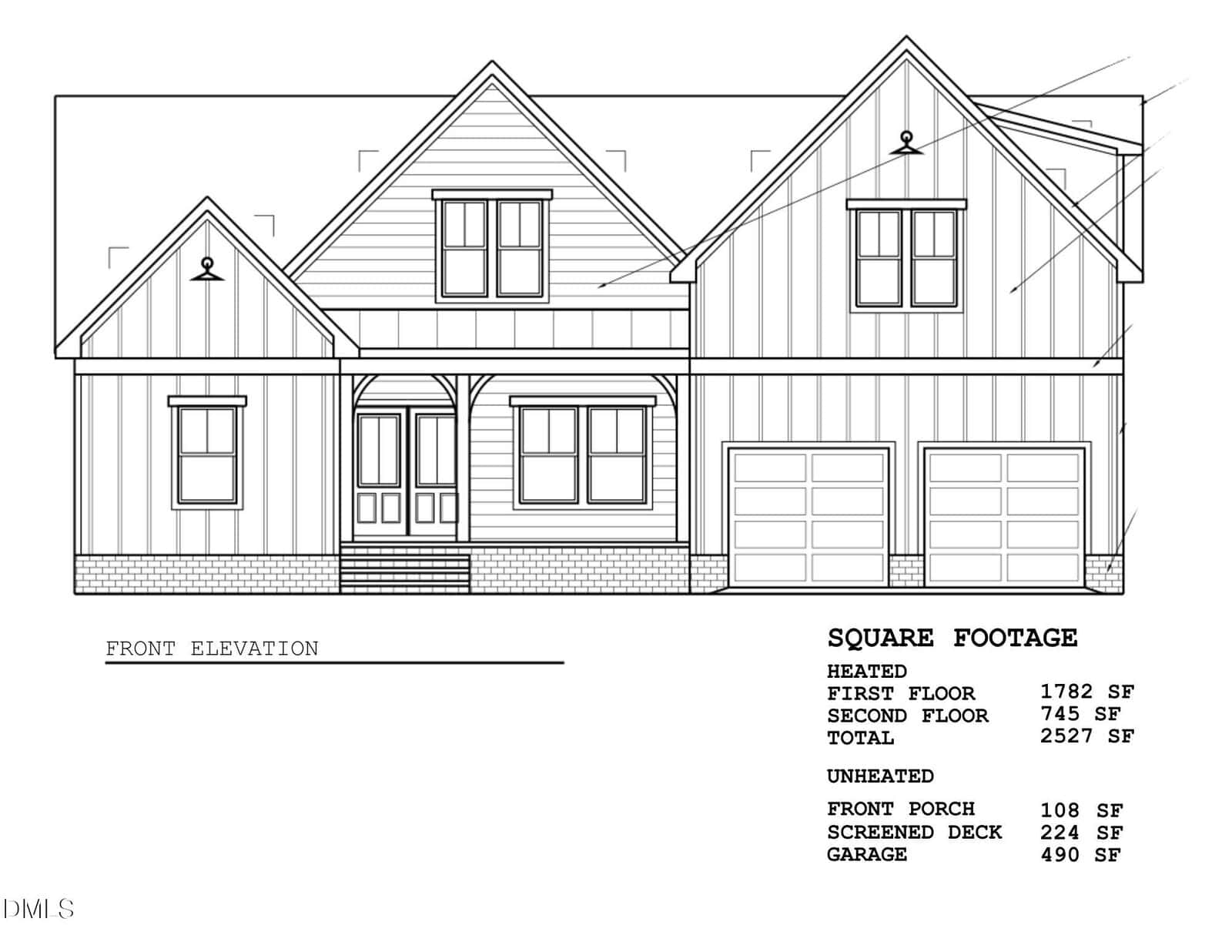 Black and white architectural front elevation drawing of the Oxford at 104 Woodland Drive, a two-story house with a covered porch, double garage, and labeled square footage for heated and unheated areas listed on the right side.