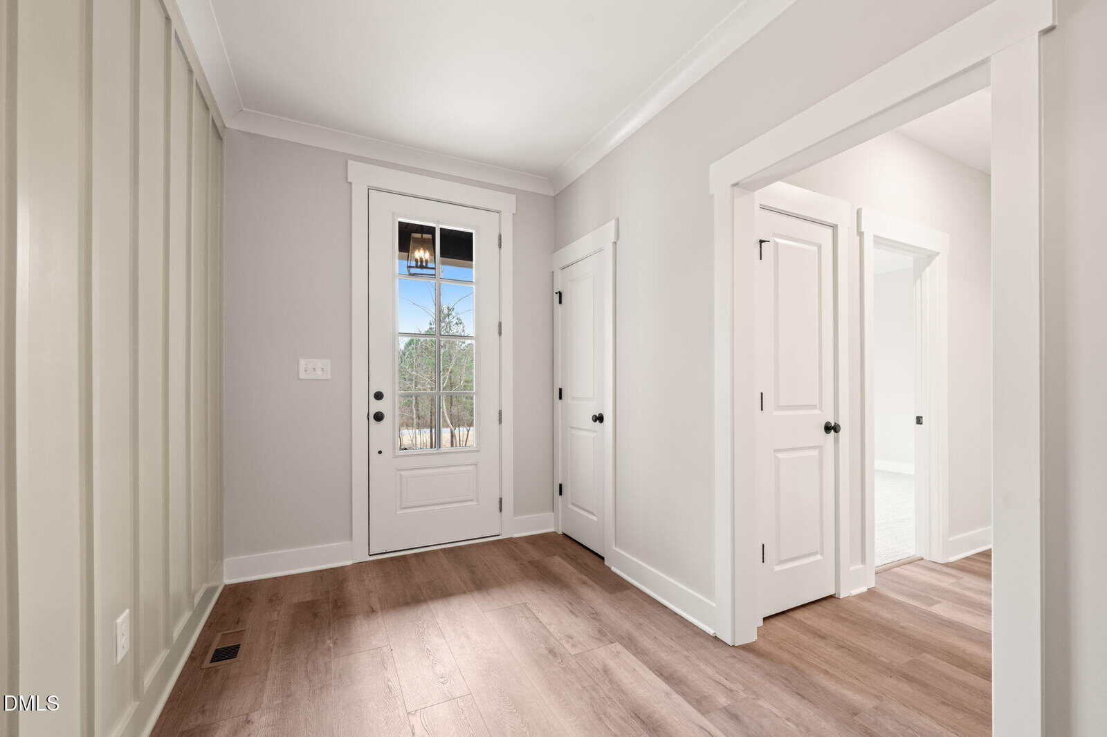 Bright entryway with light gray walls, white trim, a glass-paneled door, and light wood flooring. Two white doors lead to adjacent rooms, and a window beside the door lets in natural light.