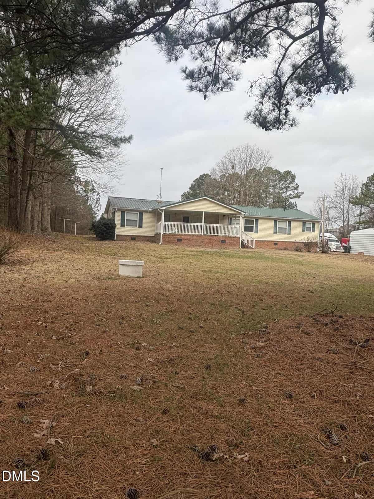 A single-story house with a green roof and front porch sits in a large yard with pine needles on the ground, surrounded by trees. A white object is in the middle of the yard under a cloudy sky.