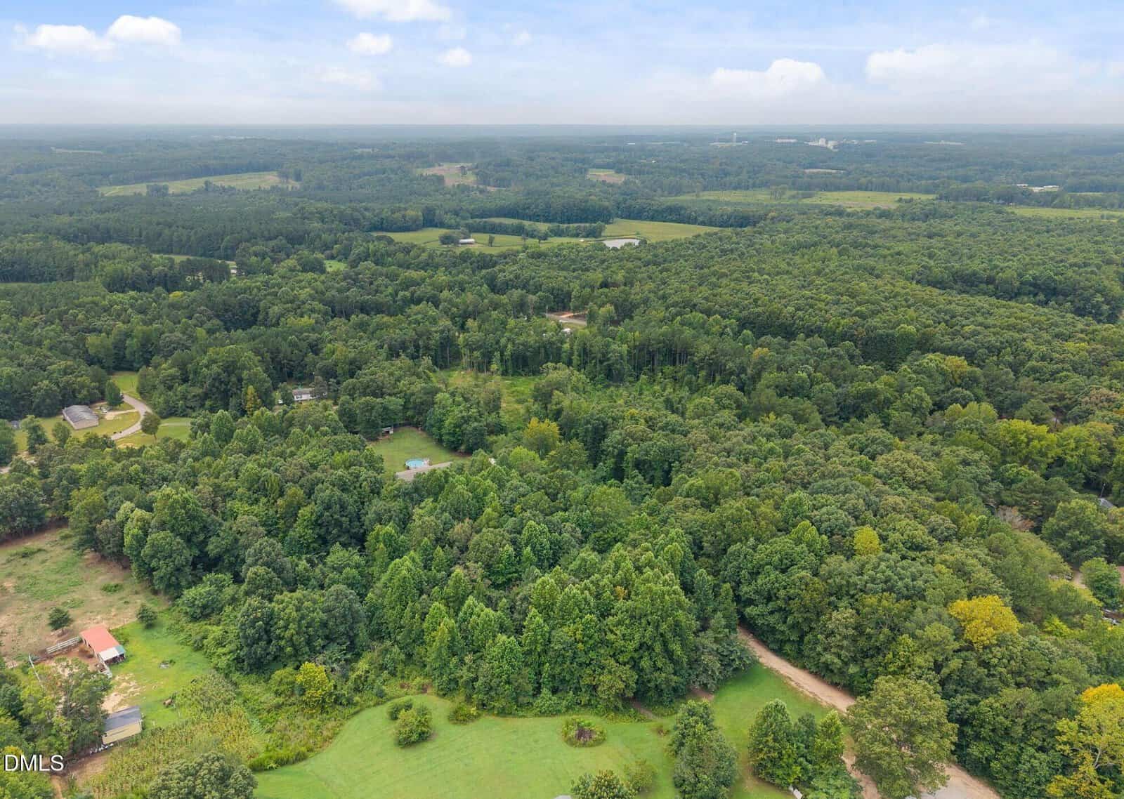 Aerial view of a rural landscape with dense green forests, scattered houses, open fields, and winding dirt roads under a partly cloudy sky.