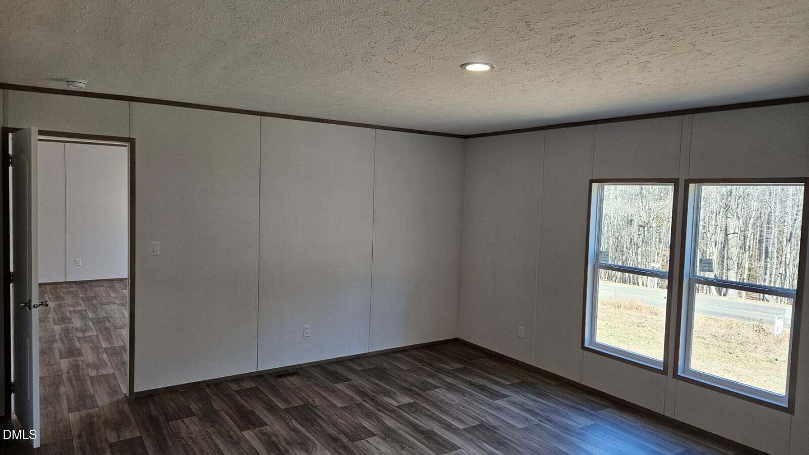 Empty room with white walls, wood-look flooring, two large windows, and an open doorway leading to another room. Ceiling light is on, and trees are visible outside the windows.