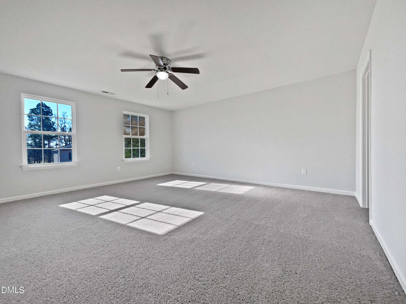 Spacious, empty room with light gray carpet, white walls, two large windows, and a ceiling fan with lights. Sunlight streams through the windows, casting rectangular patterns on the floor.