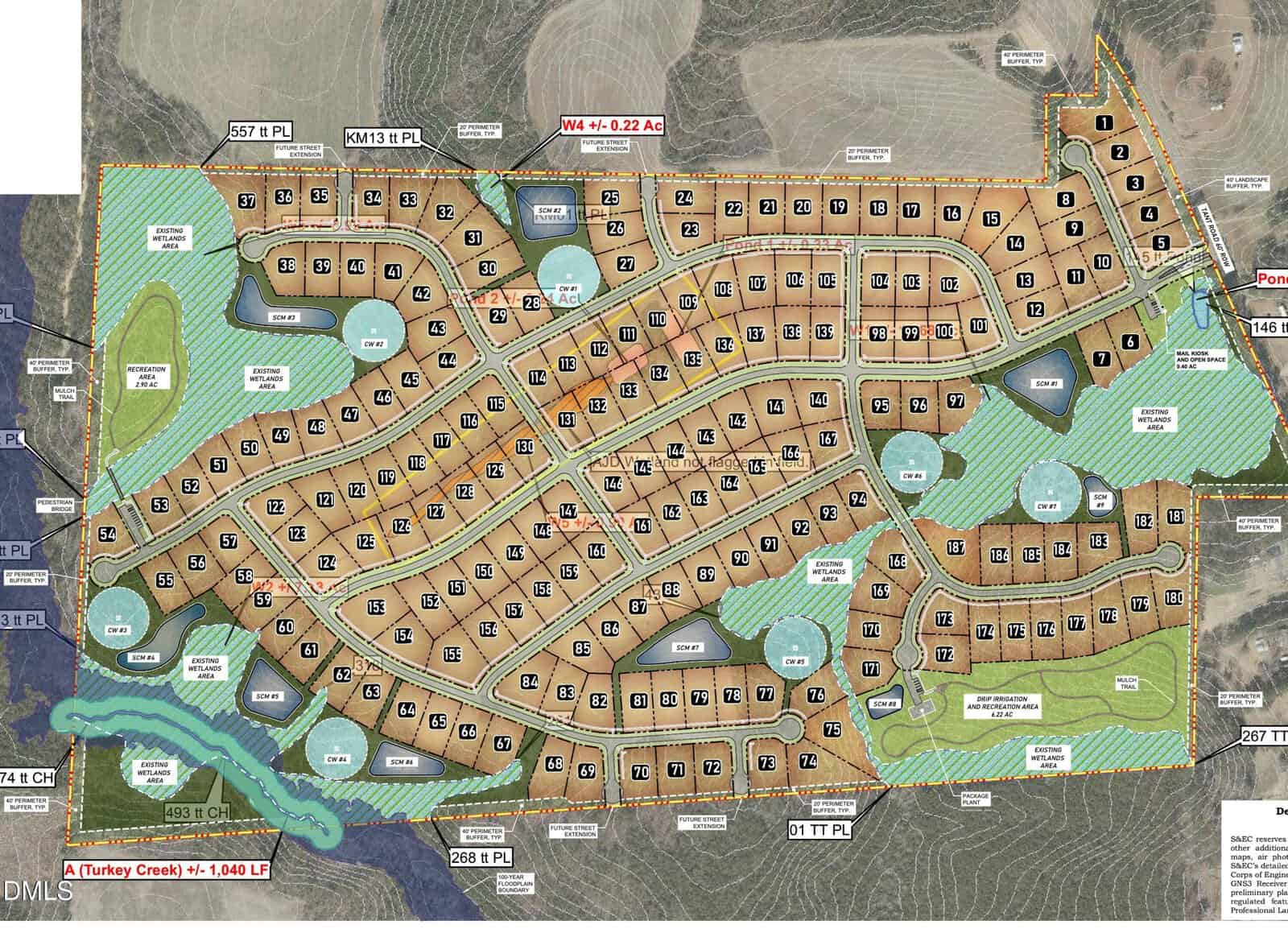 A detailed site plan of the Spring Hope residential development at 880 Tant Road, featuring numbered lots, roads, ponds, green spaces, and labeled boundaries. Natural areas and Turkey Creek are highlighted on the left side of the map.