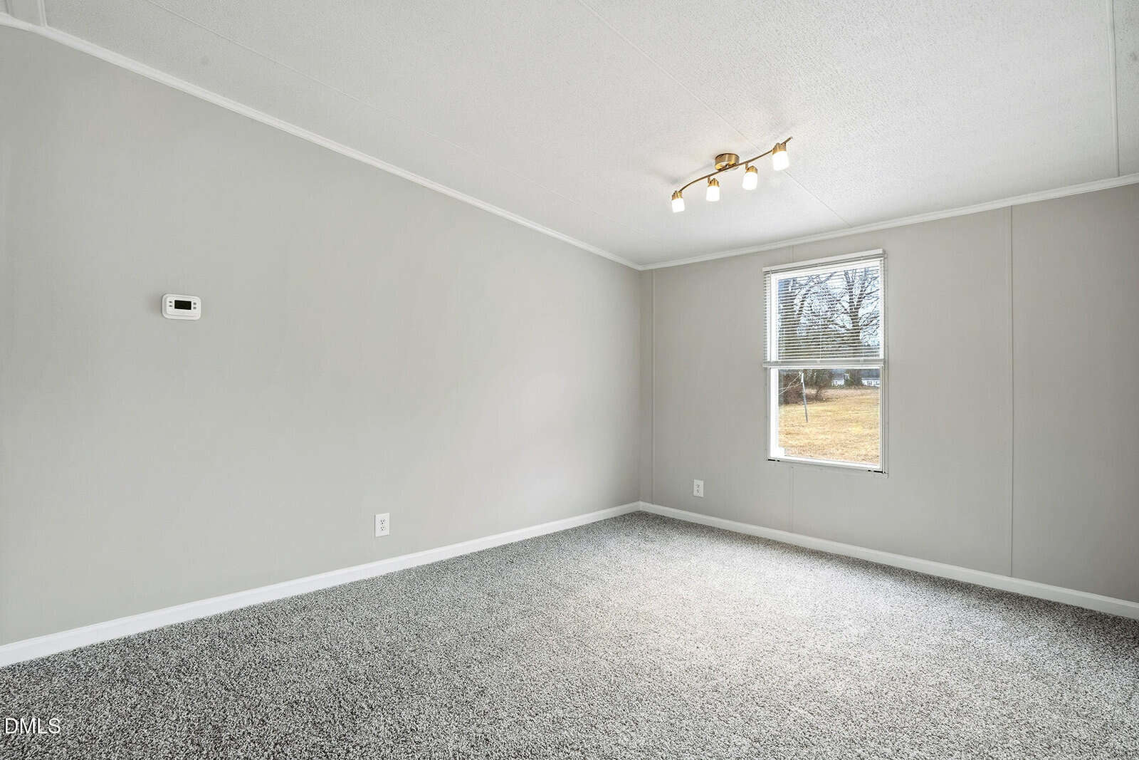 A small, empty room with light gray walls, white trim, gray carpet, a window showing a grassy yard, and a ceiling light fixture with four bulbs. A thermostat is mounted on one wall.