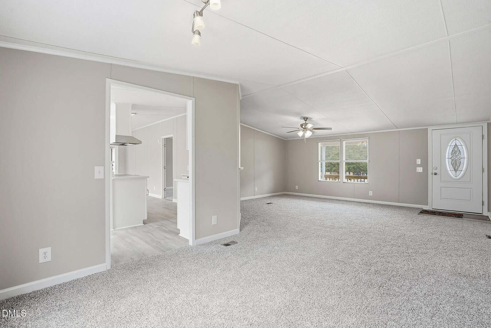 A spacious living area with light gray carpet, beige walls, and white ceiling. Ceiling fan and lights are installed. The room opens to a kitchen area and has a front door with a window, plus large windows letting in natural light.