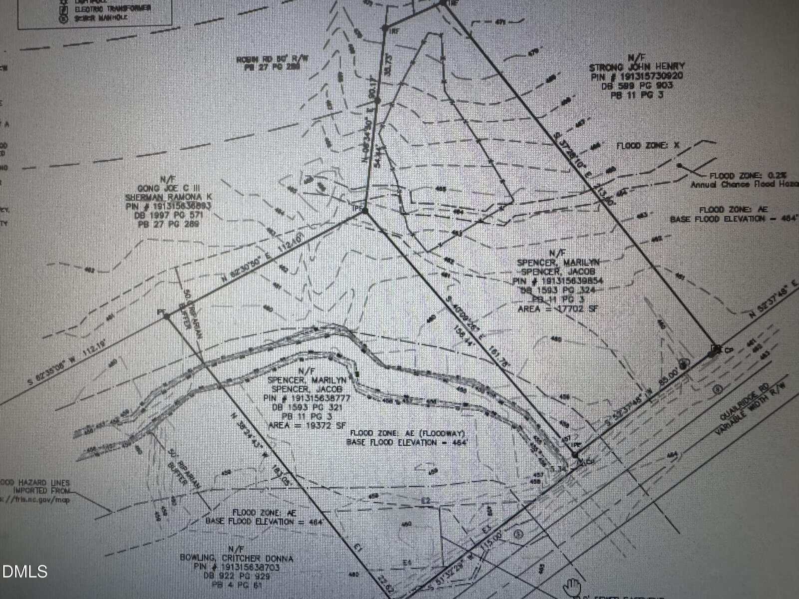 A black and white property survey map of Oxford shows boundary lines, labeled parcels including 0 E Quail Ridge Road, topographic lines, flood zones, and surveyor notes. Various labeled points, elevations, and reference numbers are visible throughout the document.