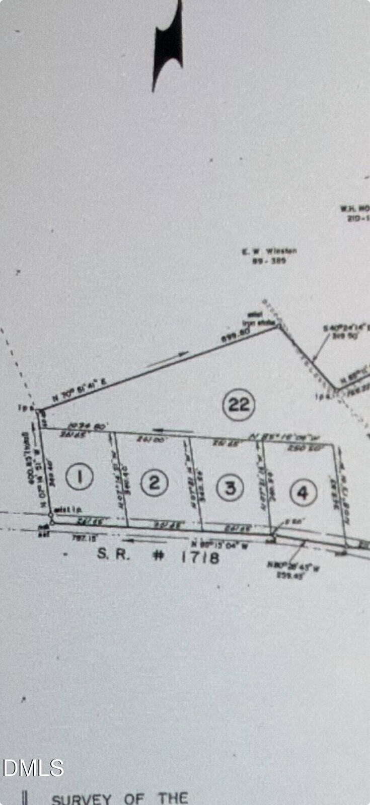 A black-and-white survey map showing four numbered land plots (1 to 4), labeled measurements, boundary lines, and S.R. #1718 (Rock Spring Church Road) below the plots near Creedmoor. Plot 22 appears above the group. North arrow is positioned at the top center.