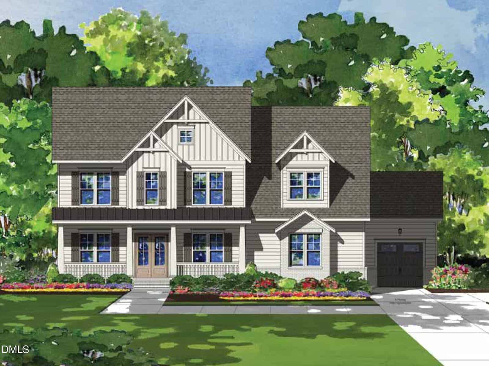 Illustration of a two-story house with a gabled roof, double front doors, and an attached single-car garage. The house is surrounded by green trees, shrubs, and colorful flower beds, with a driveway and lawn in front.