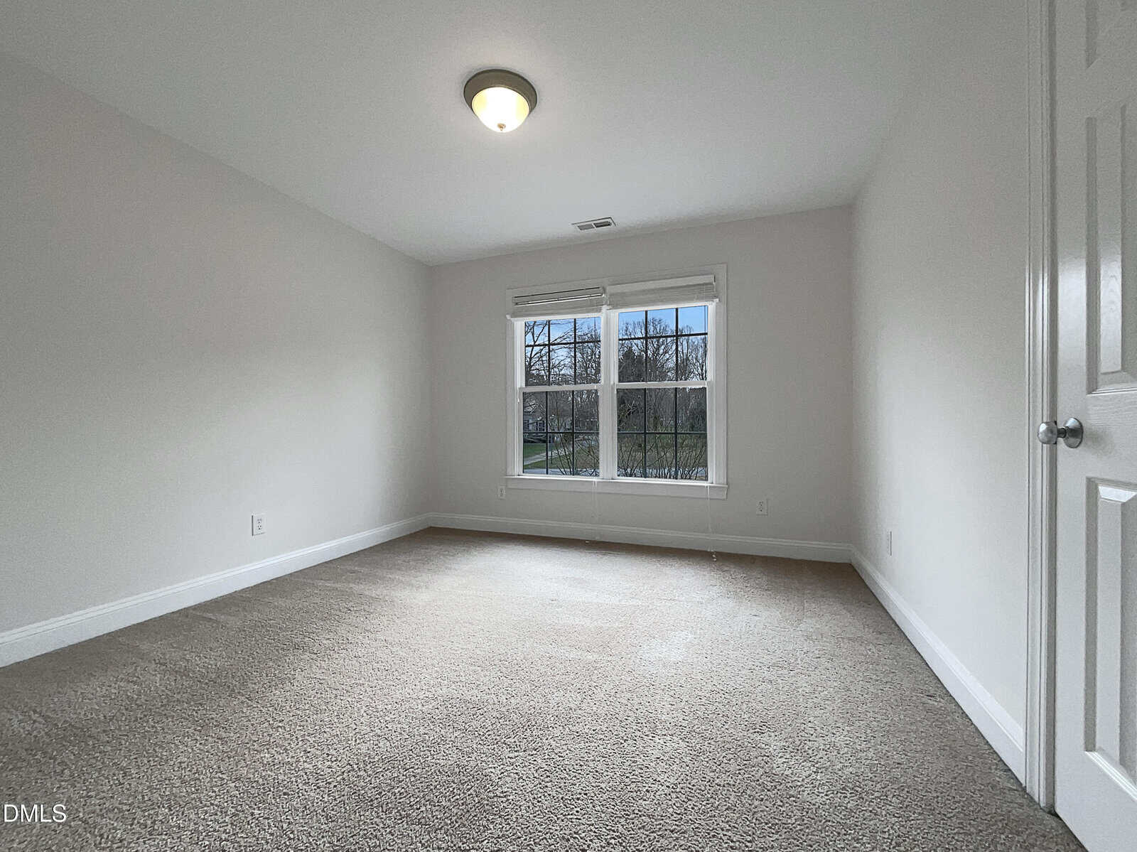 A bright, empty room with beige carpet, white walls, a ceiling light, a closed white door, and two large windows overlooking trees and a grassy area outside.