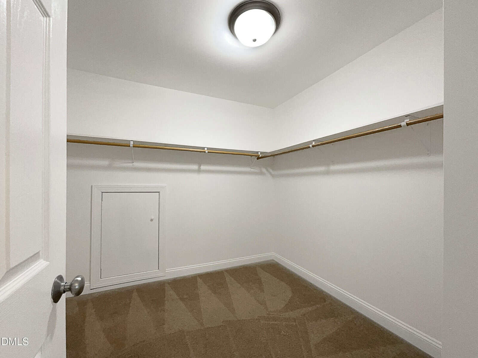 Empty walk-in closet with beige carpet, white walls, wooden hanging rods on two sides, a small white door on the lower left wall, and a ceiling light fixture.