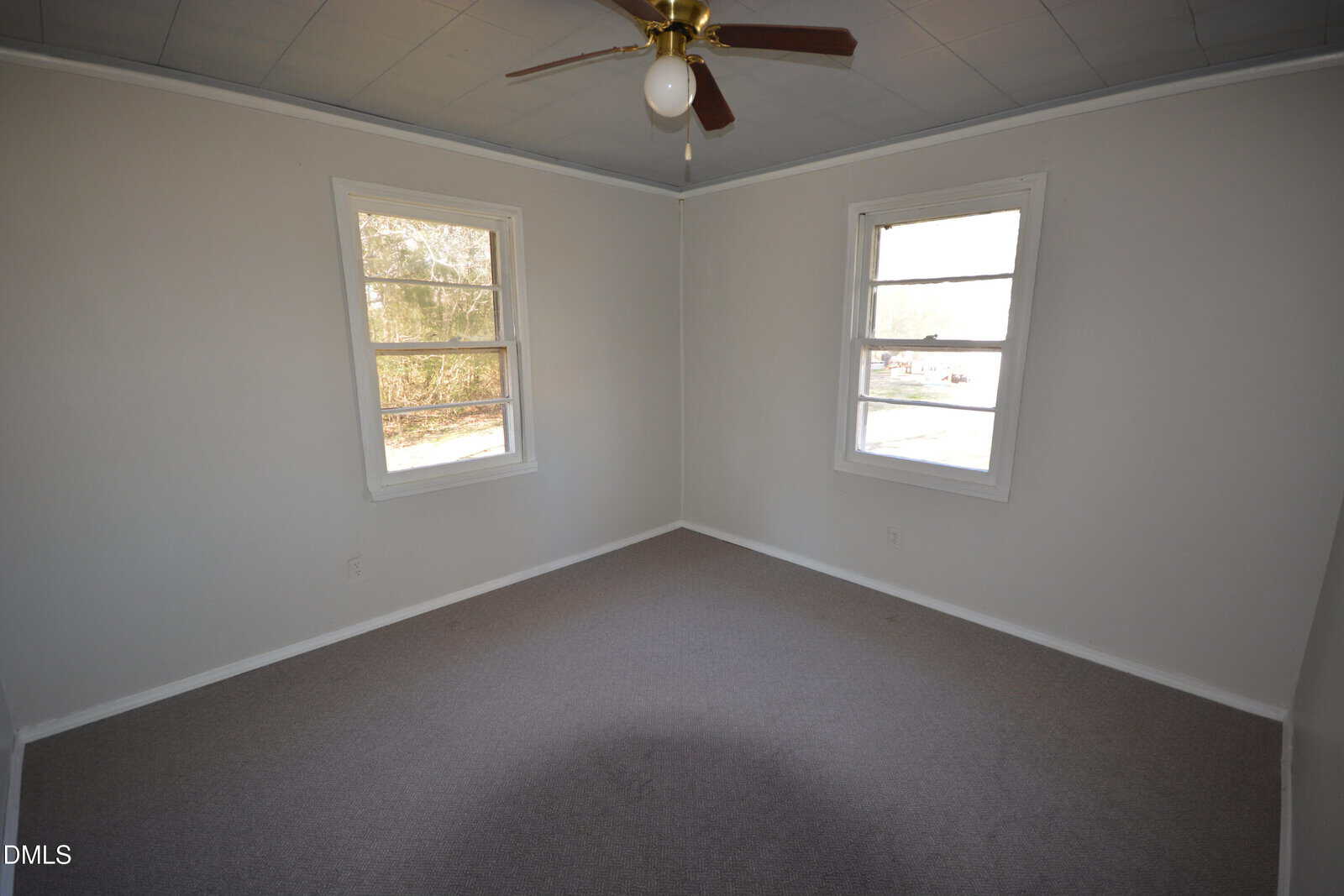 Empty room with light gray carpet, off-white walls, two windows, and a ceiling fan with a light fixture. The ceiling is painted a light blue color. Natural light enters through the windows.