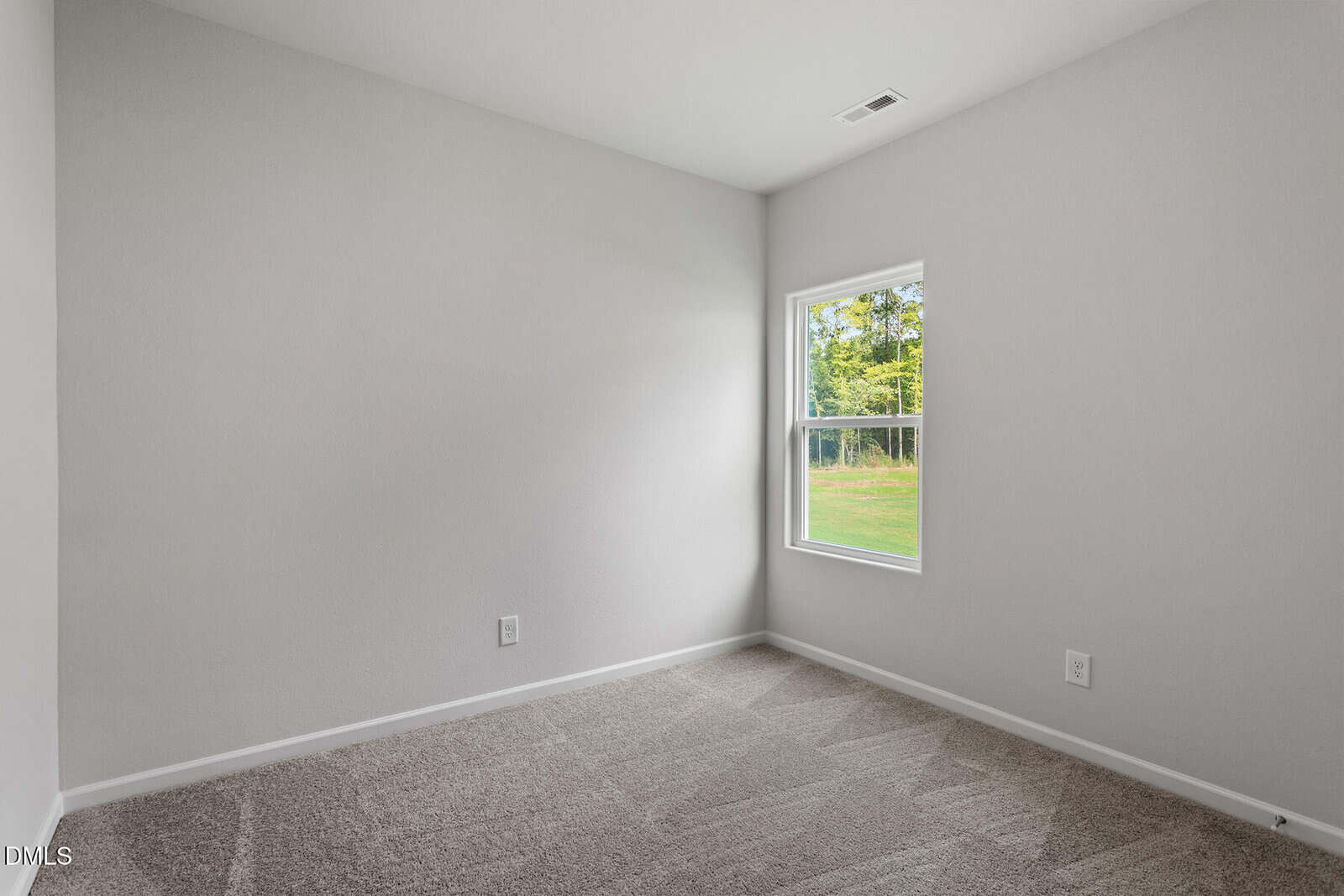 Empty room with light gray walls, carpeted floor, one window letting in sunlight, and green trees visible outside. The room is simple and unfurnished.