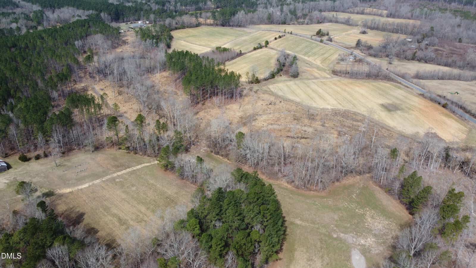 Aerial view of a rural landscape with patches of forest, open fields, and farmland. Some areas have trees with bare branches, while others are covered in green pines. Scattered houses are visible in the distance.