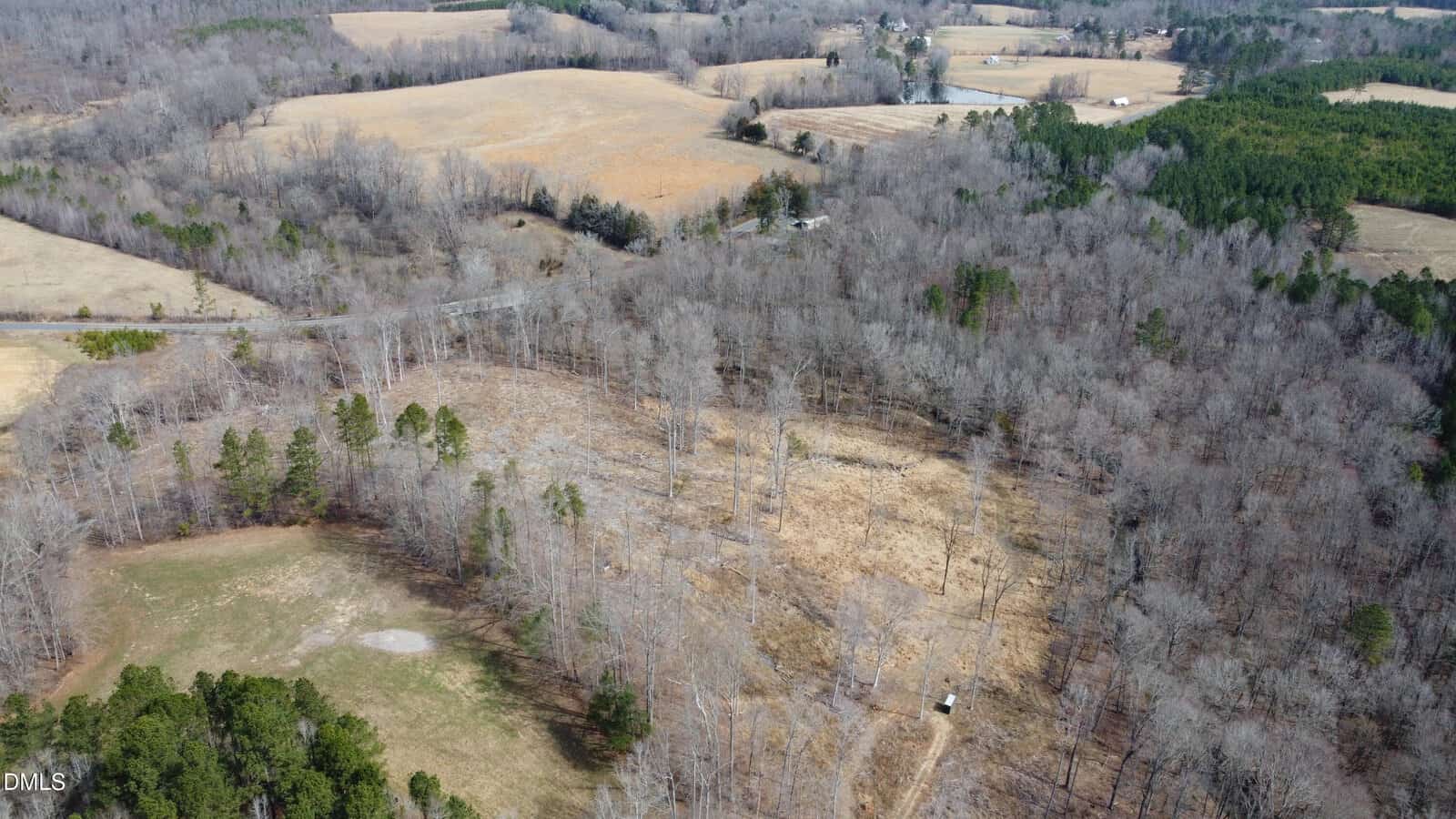Aerial view of a rural landscape with open fields, patches of forest with leafless trees, and scattered houses. A few roads and cleared pathways are visible among the woods.