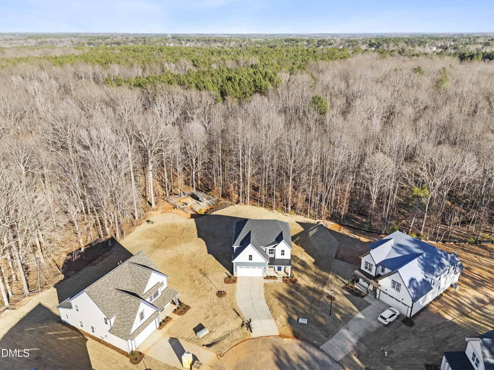 Aerial view of three modern houses with large yards, situated on a cul-de-sac and bordered by a dense forest of leafless trees under a clear blue sky.