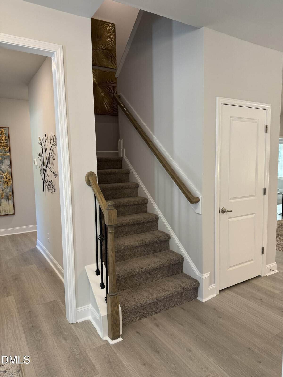 Carpeted staircase with a wooden handrail and black iron balusters, next to a closed white door, in a home with light wood flooring and light-colored walls.