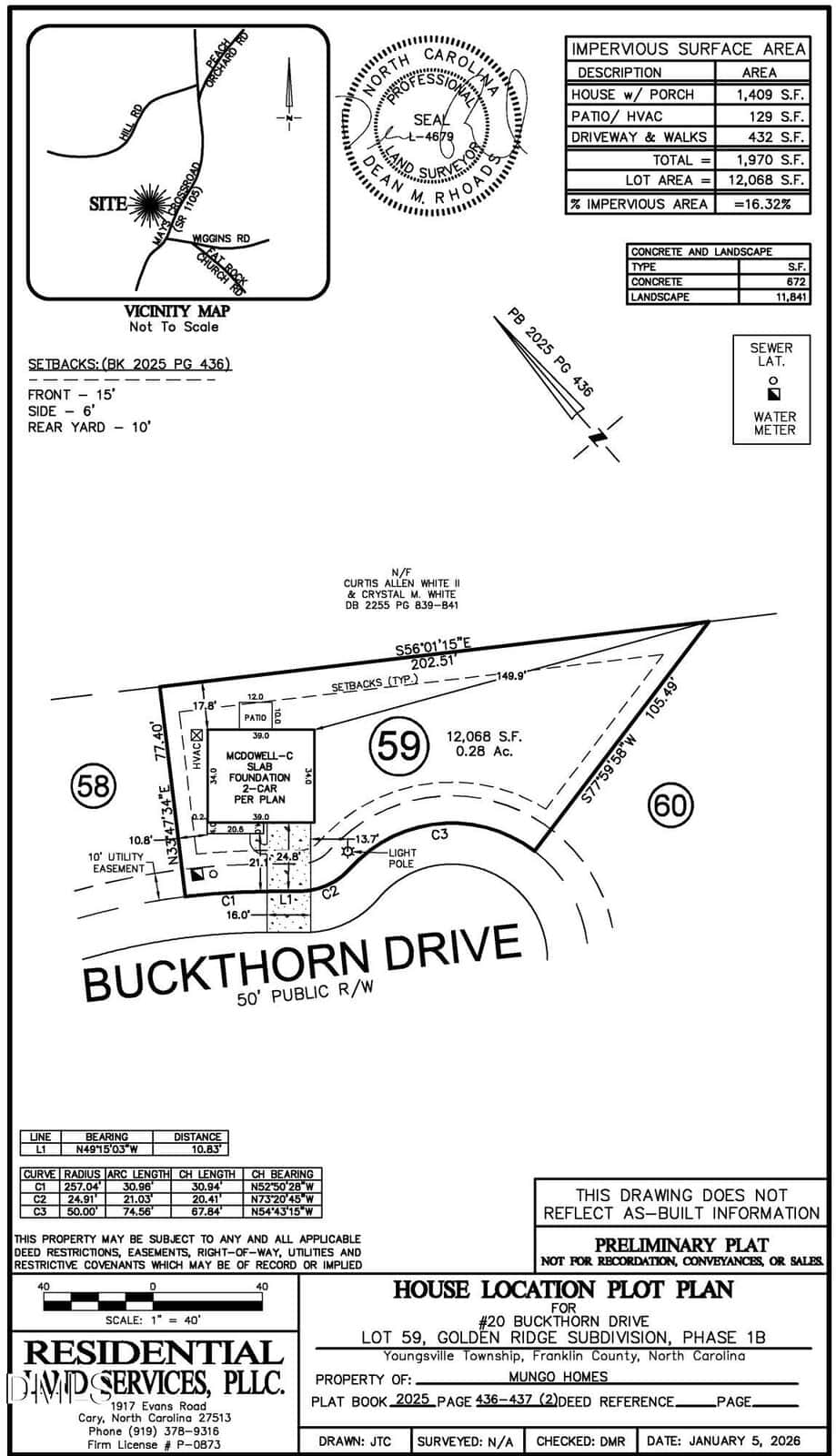 Preliminary house location plan for Lot 59, Goldsborough Development, showing property lines, setback distances, impervious area calculations, and site details along Buckthorn Drive.