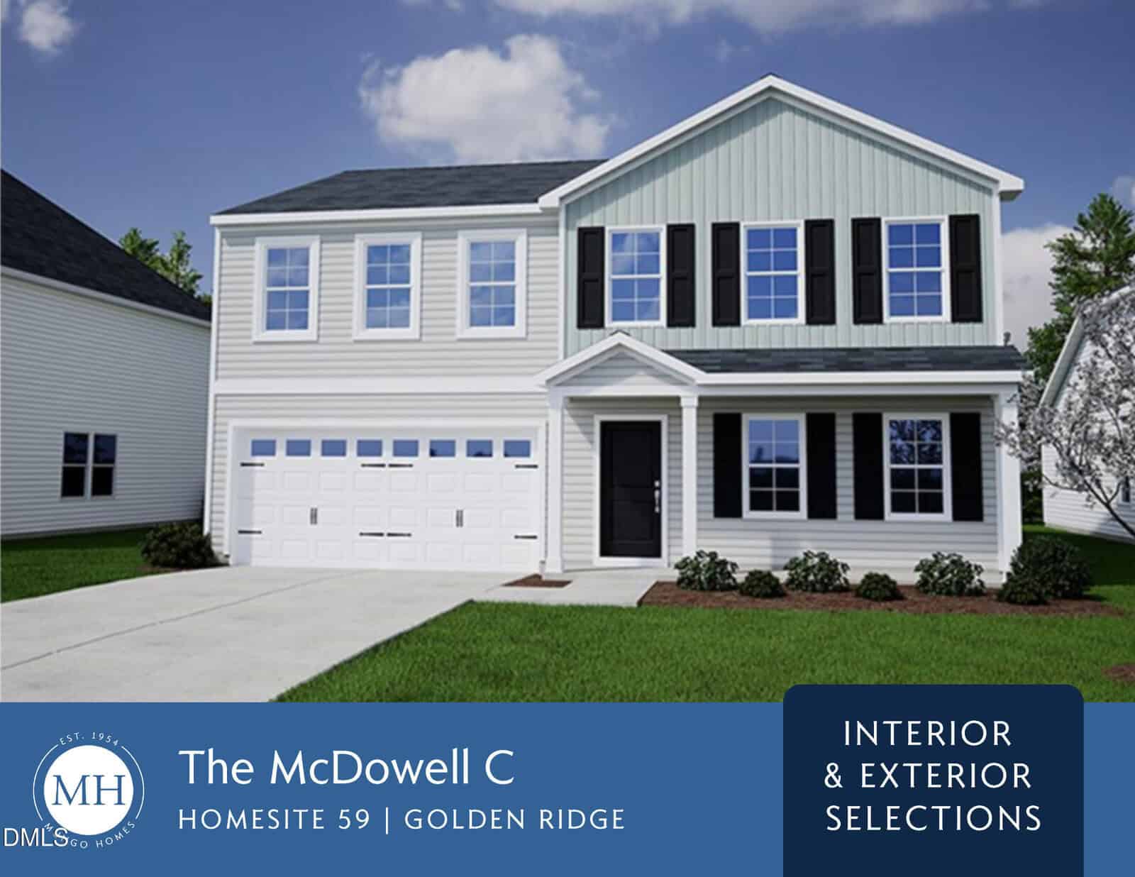 Two-story white house with black shutters, a front porch, and a two-car garage. Green lawn with shrubs. Blue banner at the bottom displays home details and selection options. Sky is partly cloudy.