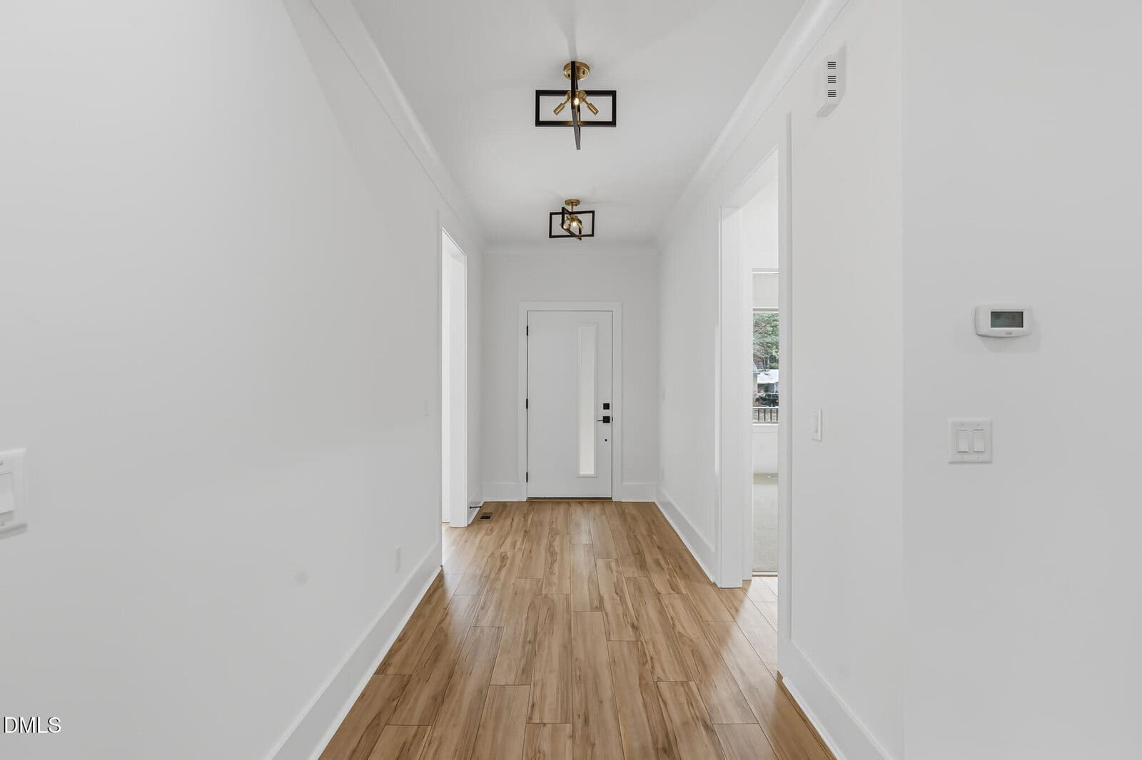 A bright hallway with white walls, wood flooring, two modern ceiling lights, and a white door with a vertical glass panel at the far end. Doorways to additional rooms are visible on the right.