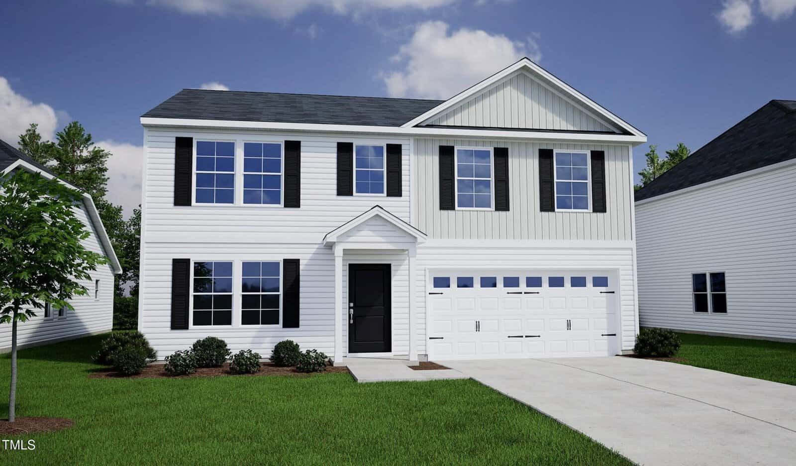 A two-story white house with black shutters, a dark front door, and a double garage sits on a green lawn with shrubs and a young tree at 30 Buckthorn Drive, Youngsville. The sky above is partly cloudy.