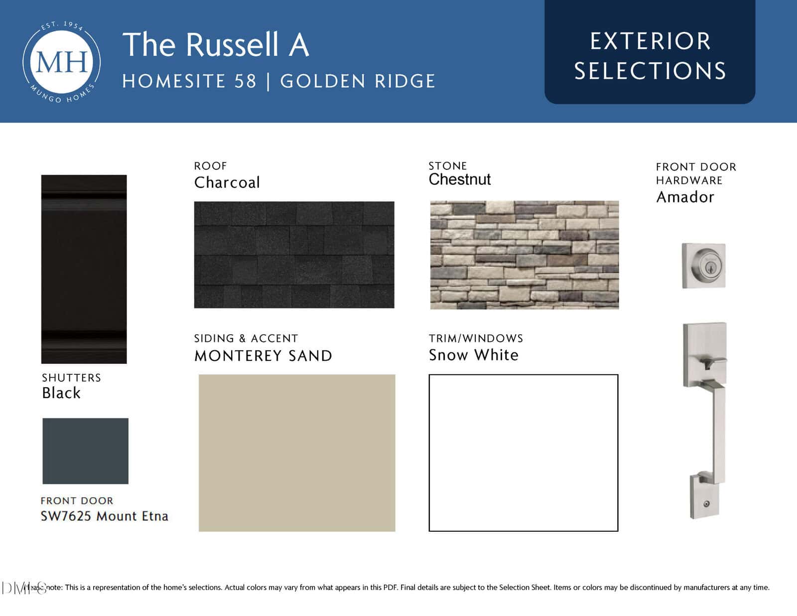A design board displaying exterior selections for "The Russell A" home: charcoal roof shingles, chestnut stone, black shutters, Amador front door hardware, Monterey Sand siding, Mount Etna blue front door, and snow white trim/windows.
