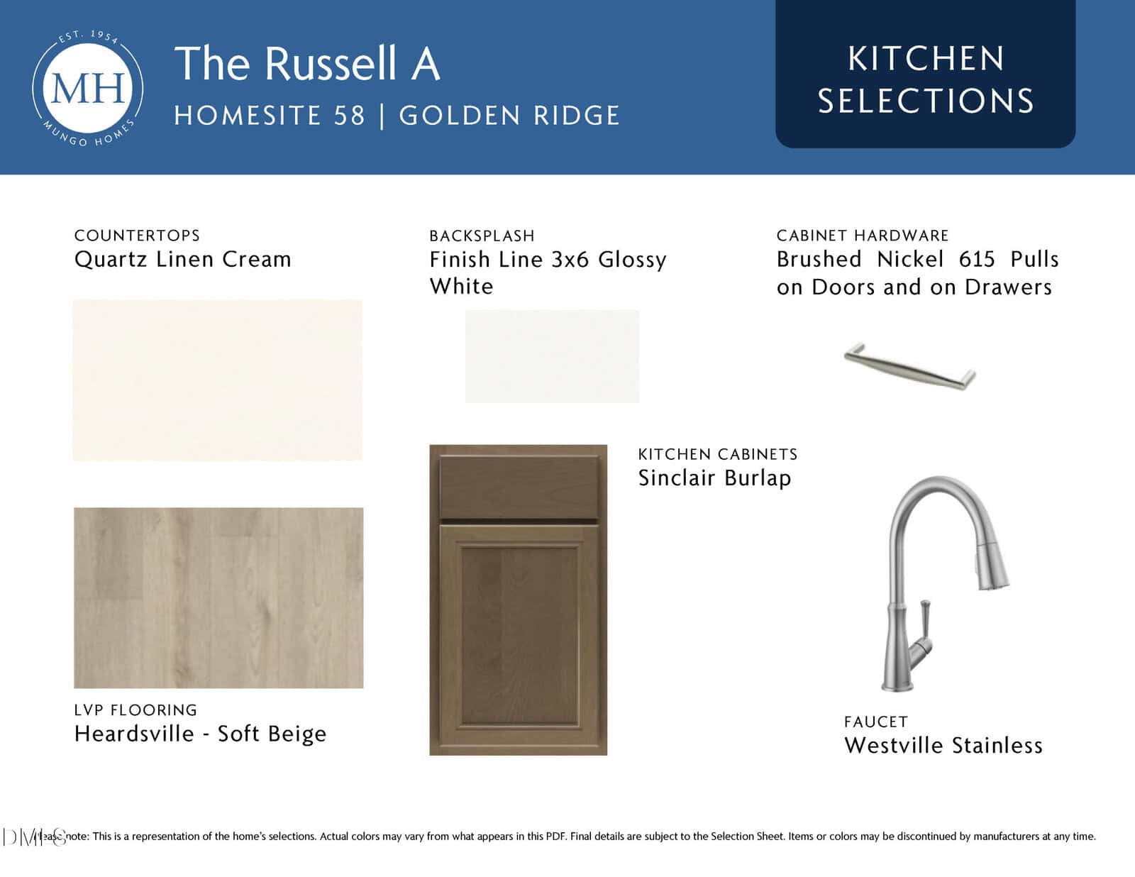 Kitchen selections board for The Russell A home shows quartz linen countertop, glossy white subway backsplash, Sinclair Burlap cabinets, brushed nickel handles, beige Heardsville flooring, and a stainless steel faucet.