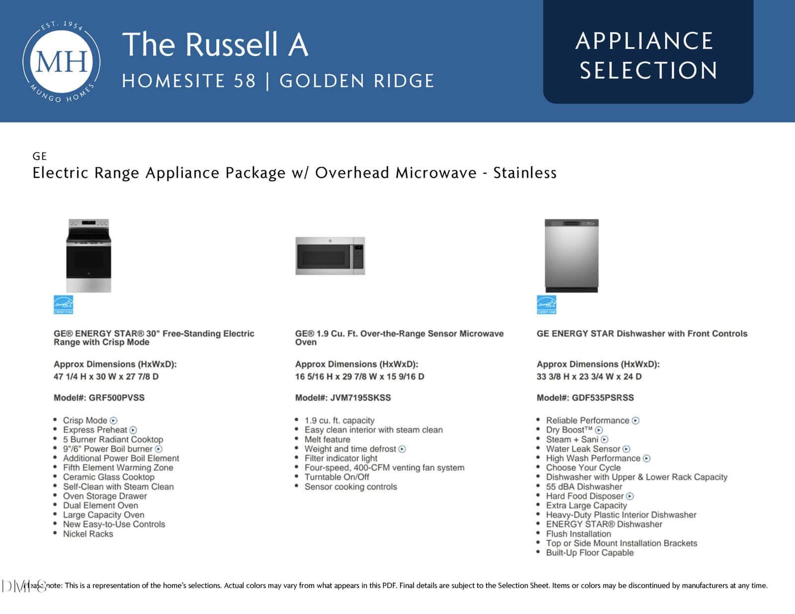 Appliance selection sheet for The Russell A, Homesite 58, Golden Ridge, listing GE stainless steel range, microwave, and dishwasher with model numbers, specs, and small images of each appliance. MH logo and Appliance Selection label are present.