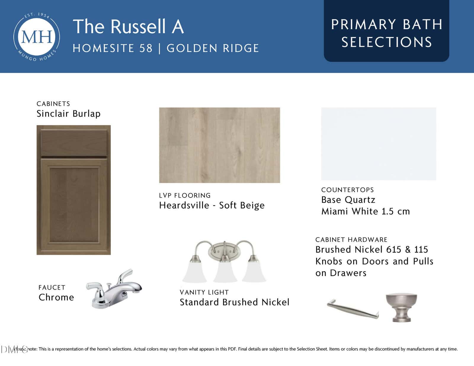 Primary bath selections board for "The Russell A" featuring Sinclair Burlap cabinets, Heardsville Soft Beige LVP flooring, Miami White 1.5 cm quartz countertops, brushed nickel hardware and vanity light, and a chrome faucet.