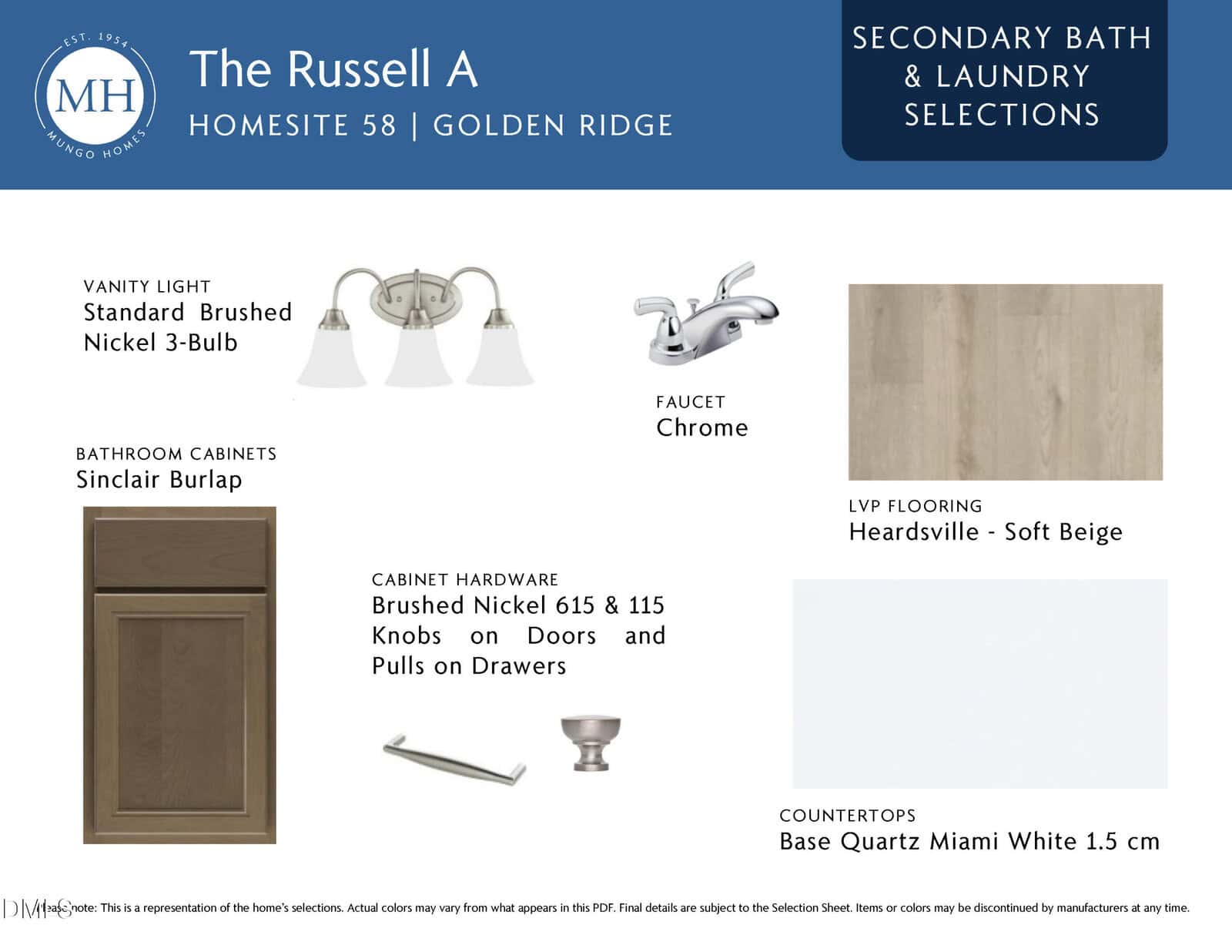 Selection board for The Russell A home’s secondary bath and laundry, showing light fixture, faucet, textured brown cabinet, brushed nickel hardware, light beige flooring, and white quartz countertop options.