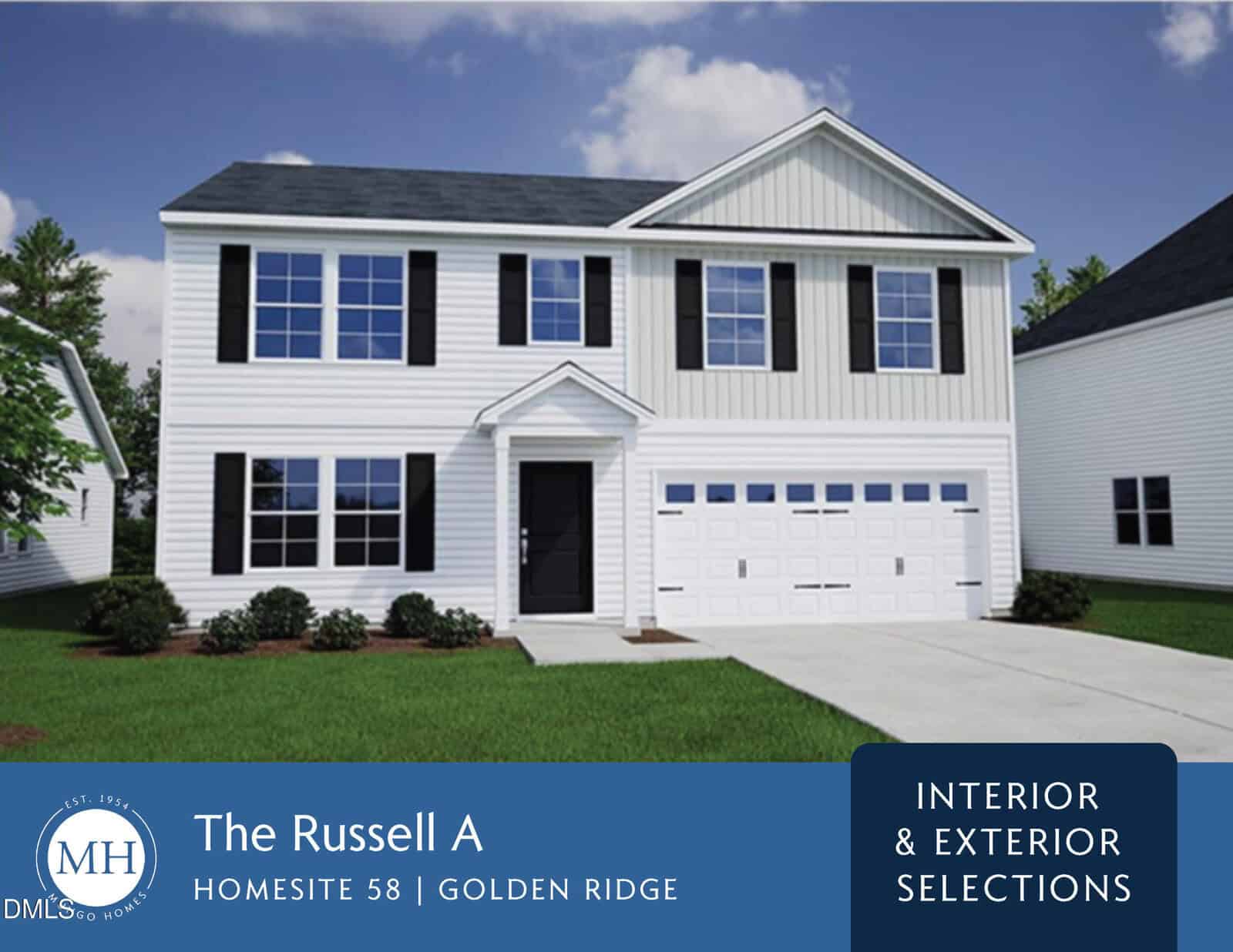 A two-story white house with black shutters, a front porch, and a two-car garage. Green bushes line the front yard. The sky is blue with some clouds. Text at the bottom reads, “The Russell A, Homesite 58, Golden Ridge.”.
