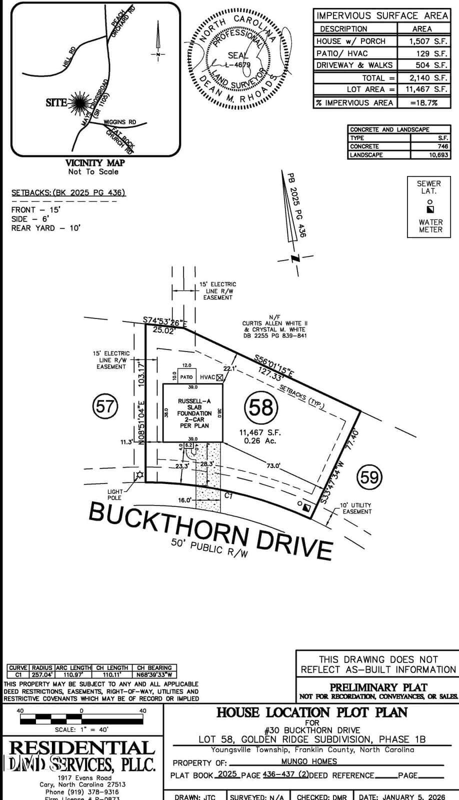 Black-and-white plot plan for Lot 58 on Buckthorn Drive, showing property boundaries, measurements, setbacks, utility easements, house placement, and impervious surface data. North arrow and vicinity map included.