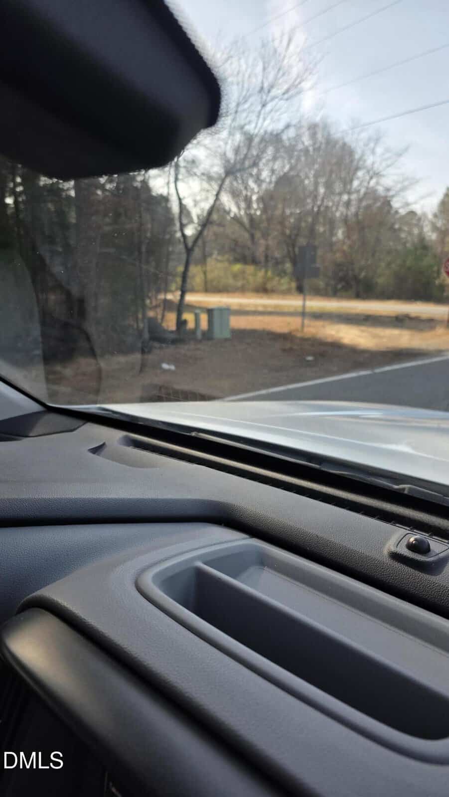 Photo taken from inside a car, showing the dashboard and windshield. Outside, there is a roadside area with leafless trees, a utility box, and dry grass under a clear sky. "DMLS" appears in the bottom left corner.