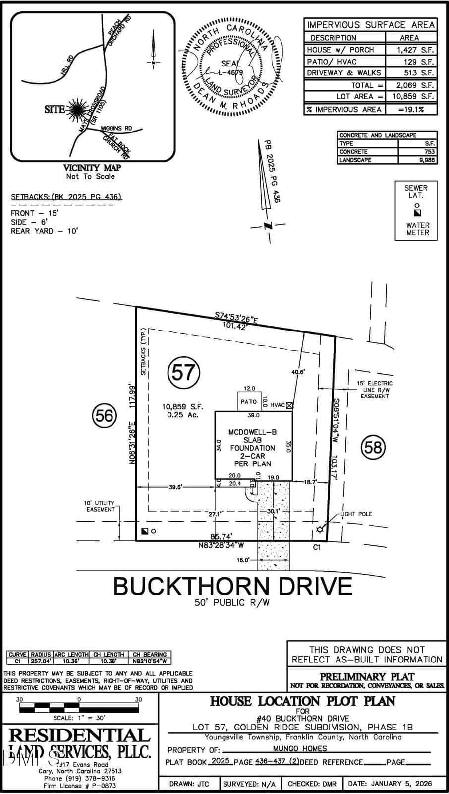 A detailed plot plan for Lot 57 on Buckthorn Drive, showing property boundaries, measurements, proposed house and driveway, setbacks, easement, utility locations, and an impervious surface area table. Includes a small vicinity map.