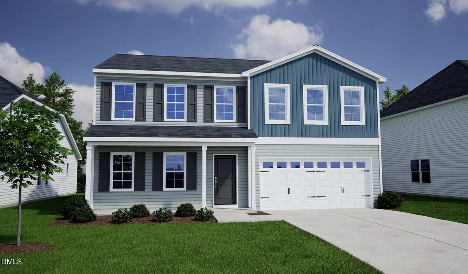 Charming two-story suburban house at 40 Buckthorn Drive, Youngsville, featuring blue and white siding, large windows, a dark front door, and an attached two-car garage. The home sits on a green lawn with small shrubs under a partly cloudy sky.