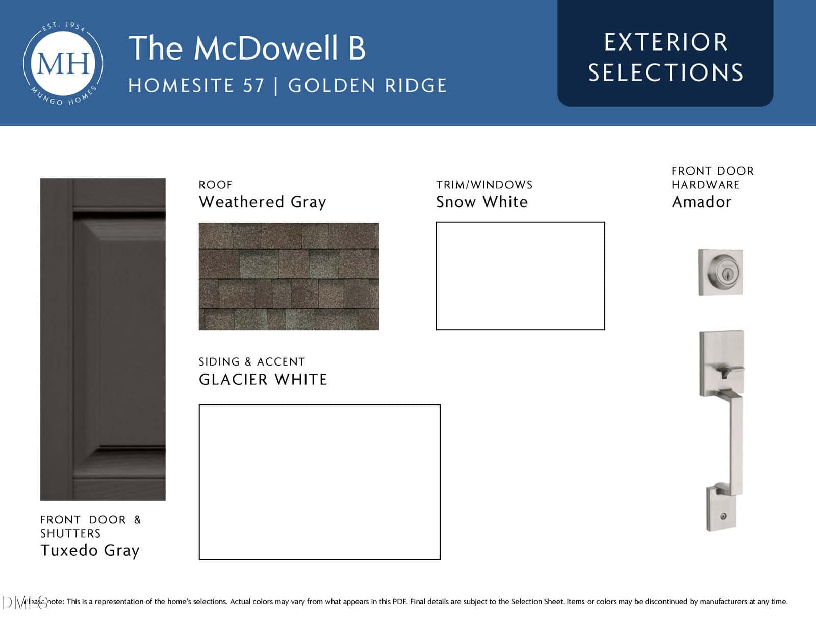 A home exterior selection board for The McDowell B model, showing samples: weathered gray roof, glacier white siding and accent, tuxedo gray front door and shutters, snow white trim/windows, and Amador front door hardware.
