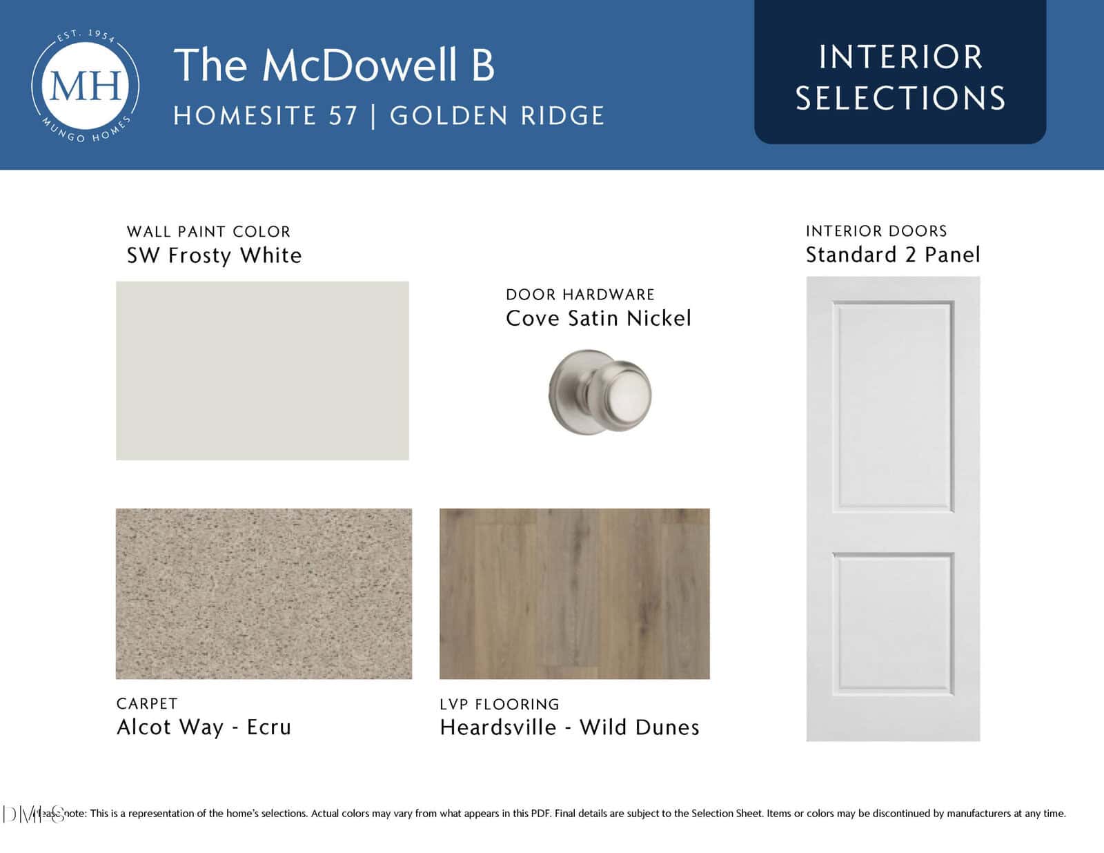 A selection board for The McDowell B home interior shows samples for wall paint in white, satin nickel door hardware, white two-panel doors, light beige carpet, and light wood-look flooring.