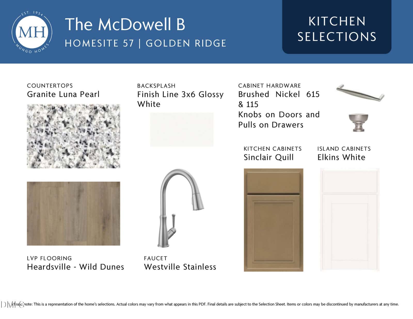 Kitchen selections board showing countertop in Granite Luna Pearl, glossy white tile backsplash, brushed nickel hardware, Sinclair Quill kitchen cabinets, Elkins white island cabinets, Wild Dunes wood flooring, and a Westville stainless faucet.