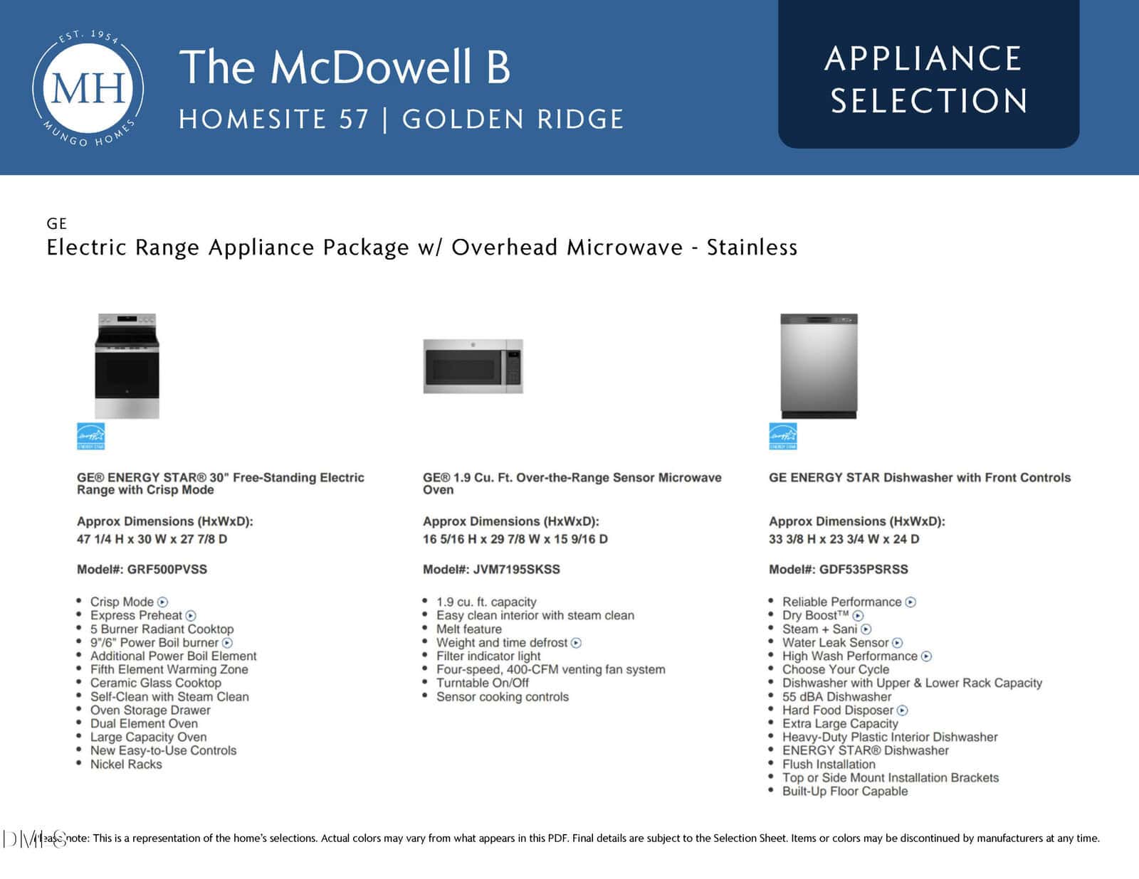 Appliance selection sheet for The McDowell B at Homesite 57, detailing GE electric range, overhead microwave, and dishwasher with specs, dimensions, and ENERGY STAR info in a clean layout.