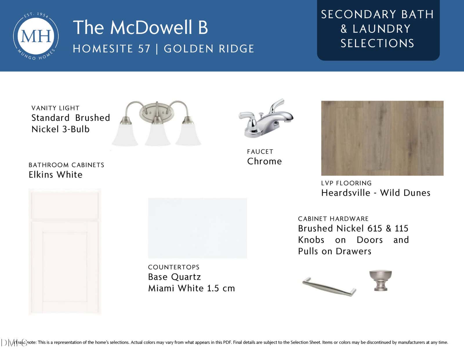 Secondary bath and laundry selections for The McDowell B model, showing choices for vanity light, faucet, cabinet color, flooring, counter, cabinet hardware, and a sample cabinet door.