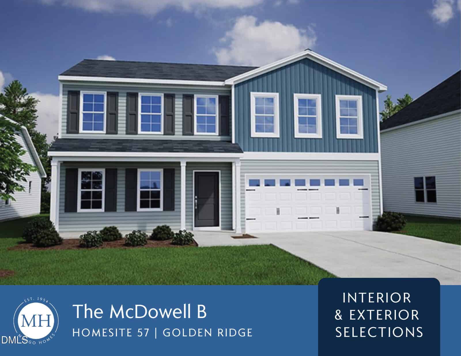 A two-story house with gray siding, white trim, and a two-car garage. The home features a covered front porch and multiple windows. The front yard is landscaped with shrubs, and a concrete driveway leads to the garage.