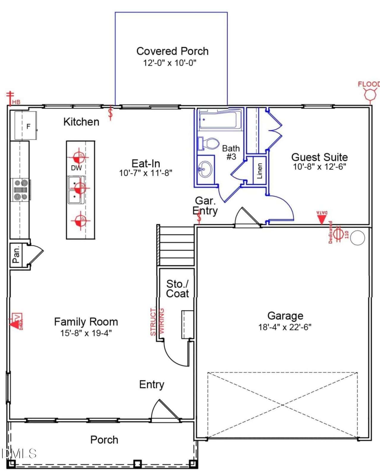 Floor plan of a house showing a garage, family room, kitchen, eat-in area, guest suite, bathroom, pantry, storage/coat closet, and two porches (entry and covered), with doors and appliances labeled.