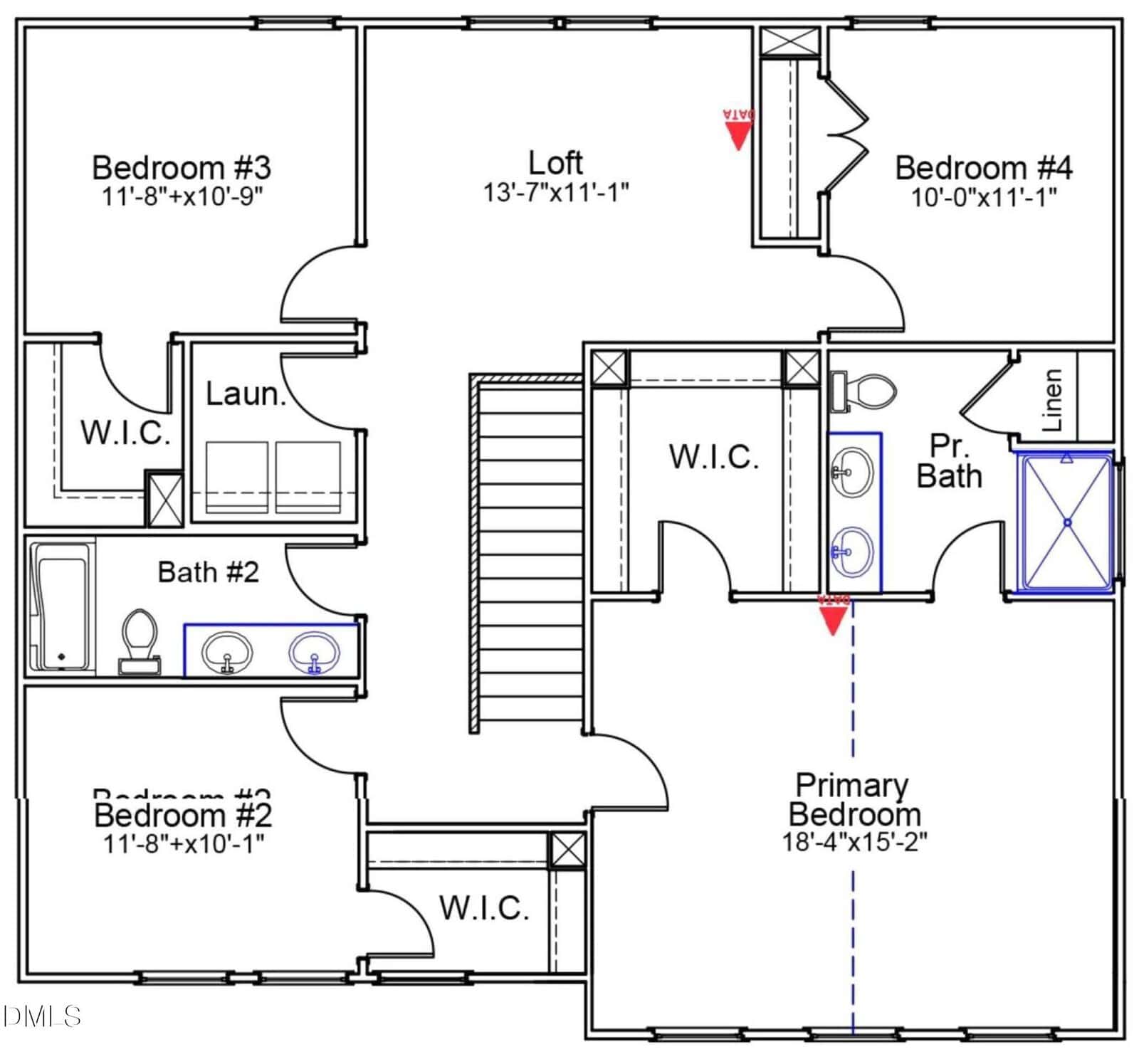 Floor plan of a house with four bedrooms, a loft, laundry room, two bathrooms, primary bedroom with walk-in closet, and labeled spaces including W.I.C., linen closet, and stairs at the center.