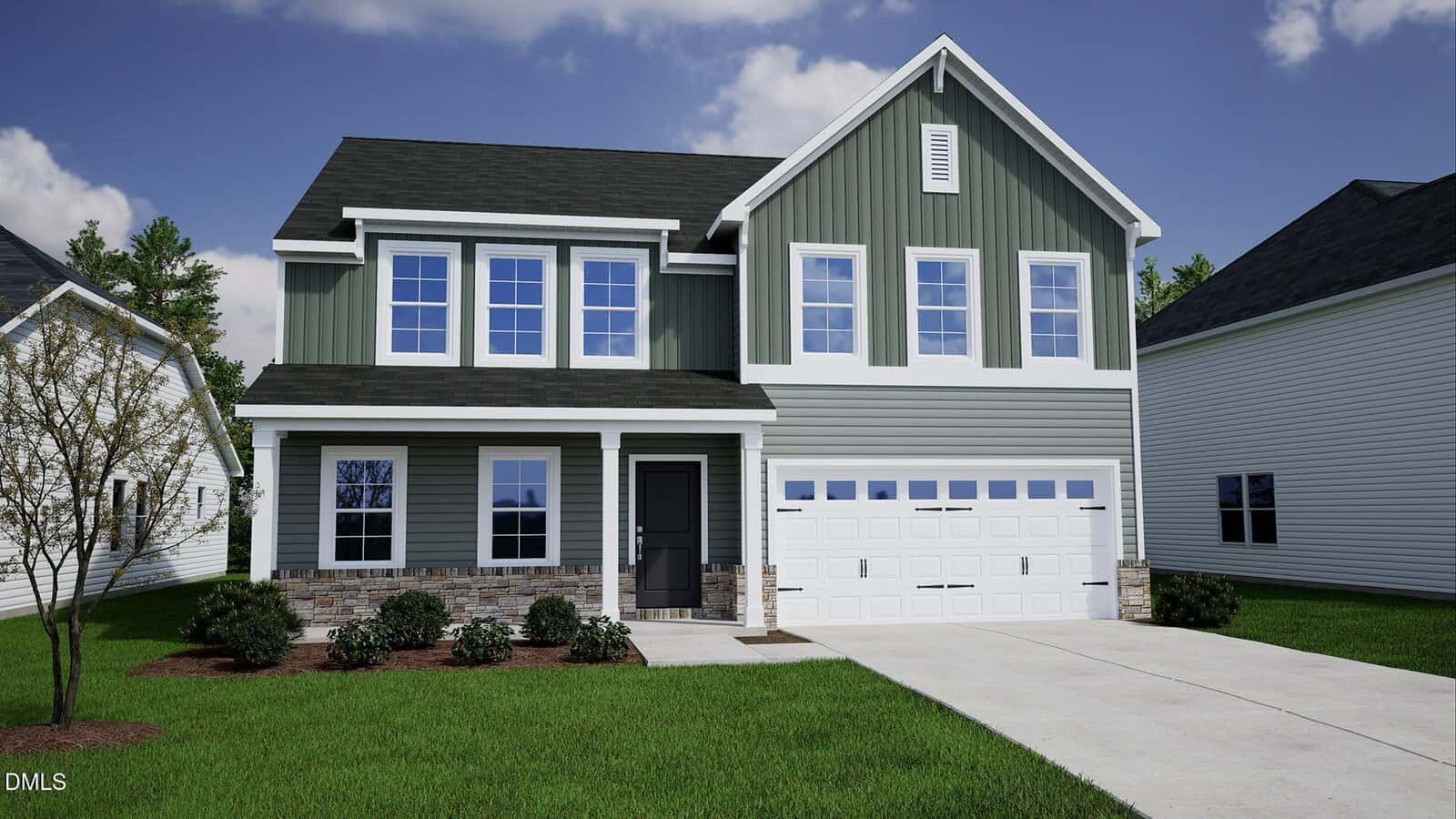 Two-story green house with white trim, black roof, and attached two-car garage. There are several windows, a front porch with columns, and a well-kept lawn with small shrubs and trees.