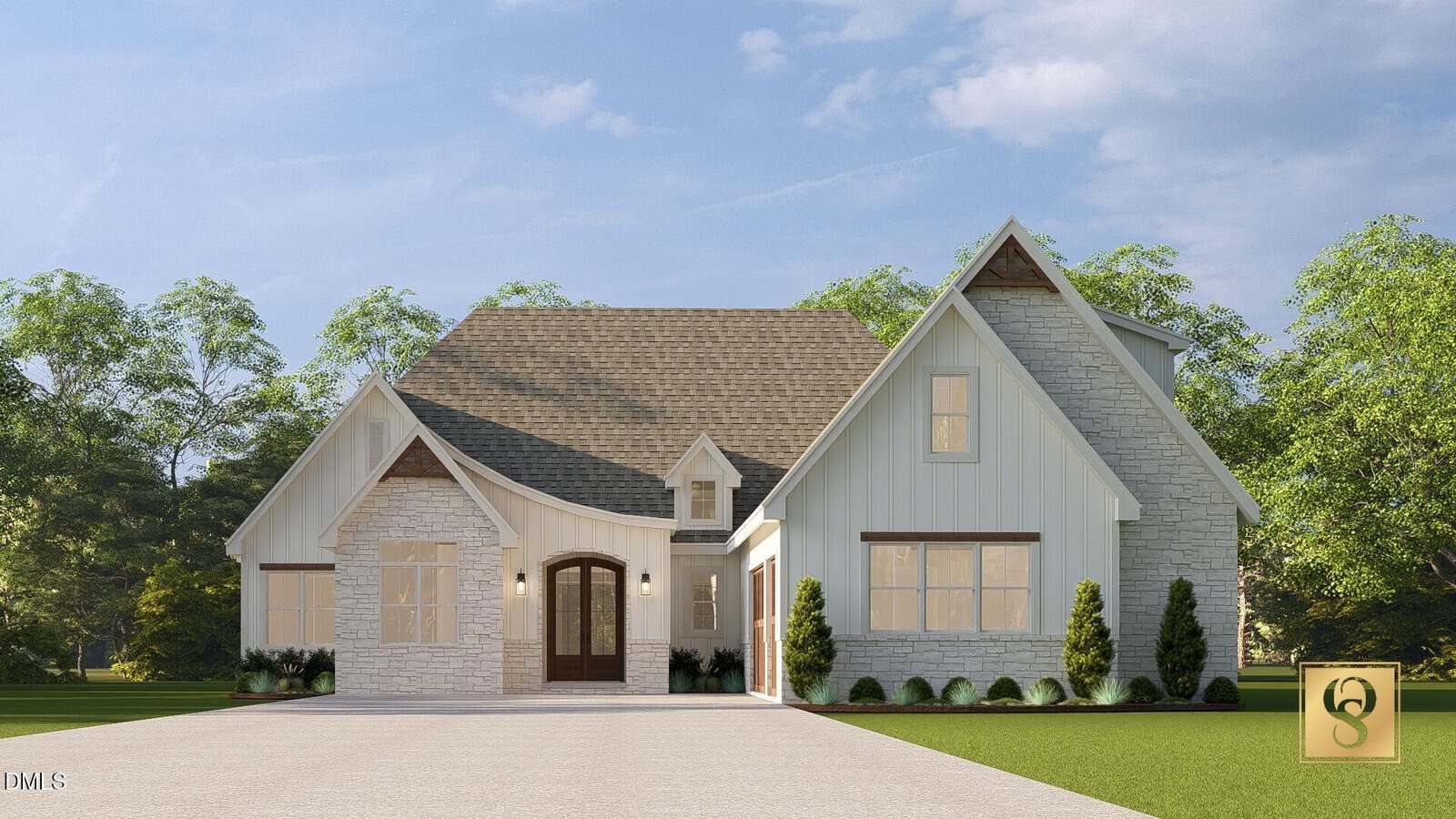 A modern farmhouse-style home at 55 Jessup Drive in Franklinton features light stone and vertical siding, large front windows, a double wooden door, gabled roofs, and landscaping, set against a backdrop of trees under a partly cloudy sky.