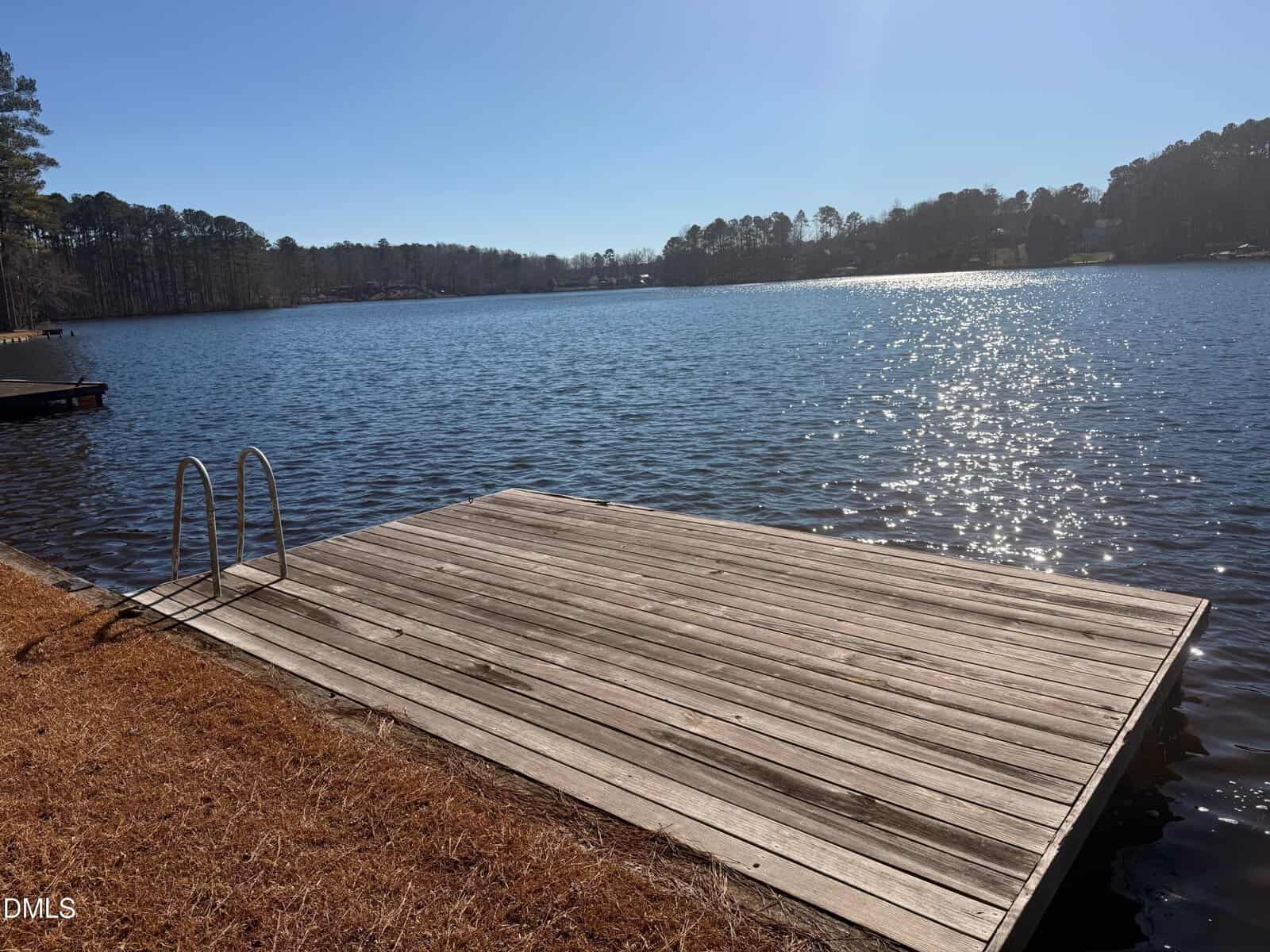 A wooden dock with a metal ladder extends over a calm lake, surrounded by trees under a clear, sunny sky. The sunlight reflects off the water, creating a sparkling effect.