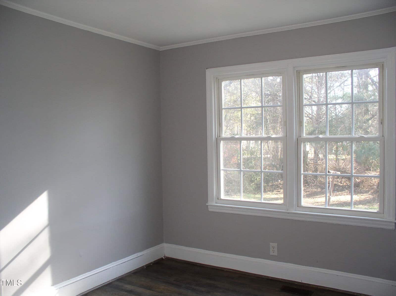 A small empty room with gray walls, white trim, and two large windows letting in sunlight. The floor appears to be dark wood, and outside the windows, trees and greenery are visible.