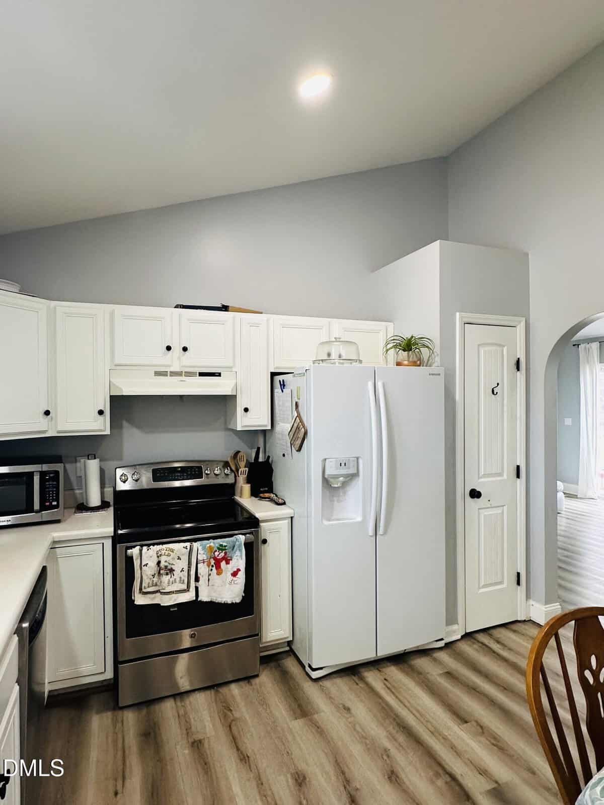 Bright kitchen with white cabinets, stainless steel stove, white refrigerator, microwave, pantry door, and wood-look flooring. Towels hang on the oven, and a small plant sits on the fridge under a vaulted ceiling.