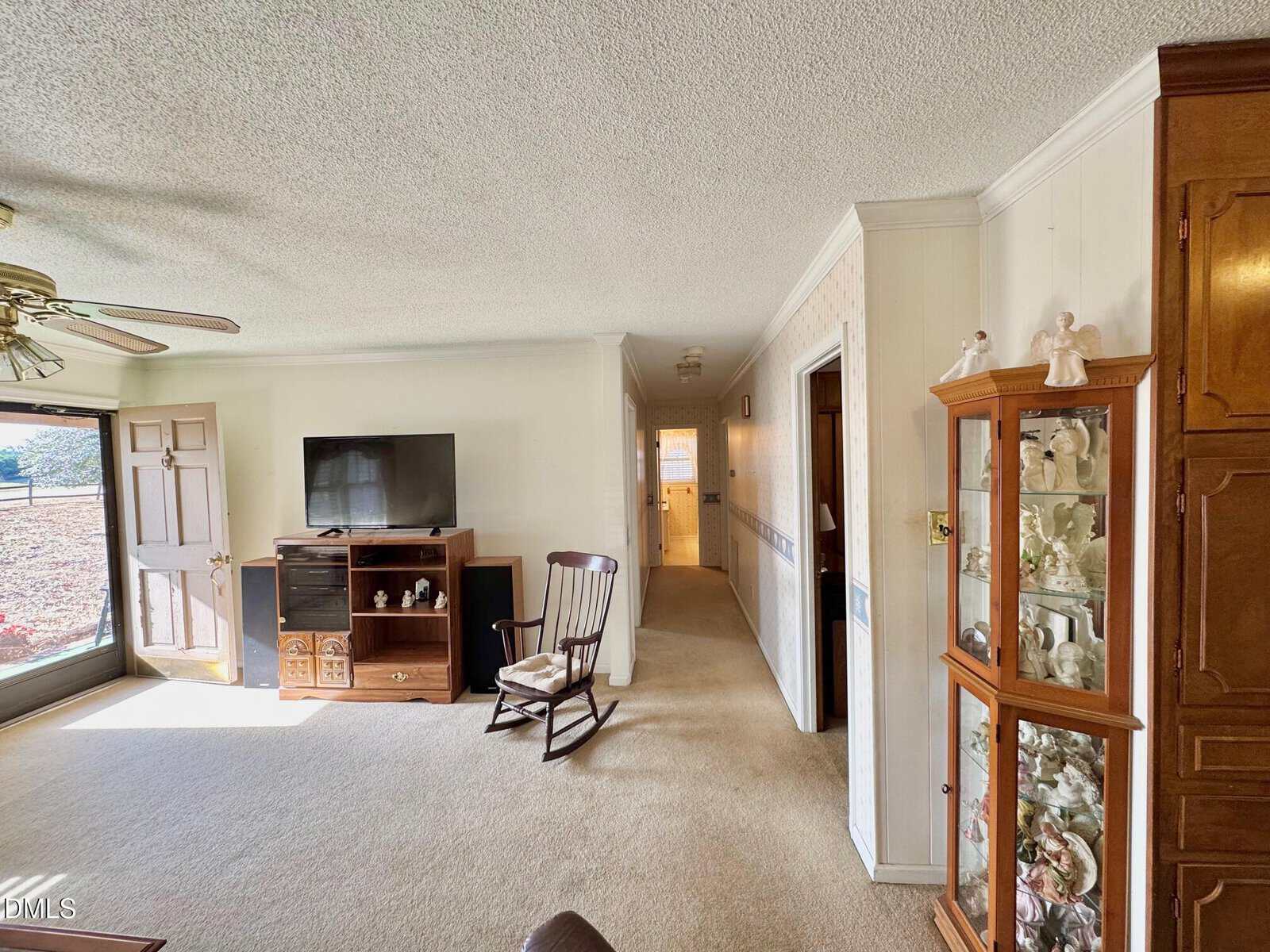A living room with beige carpet, a rocking chair, a TV on a wooden stand, a glass display cabinet with figurines, and a hallway leading to other rooms. Sunlight streams in through a large window on the left.