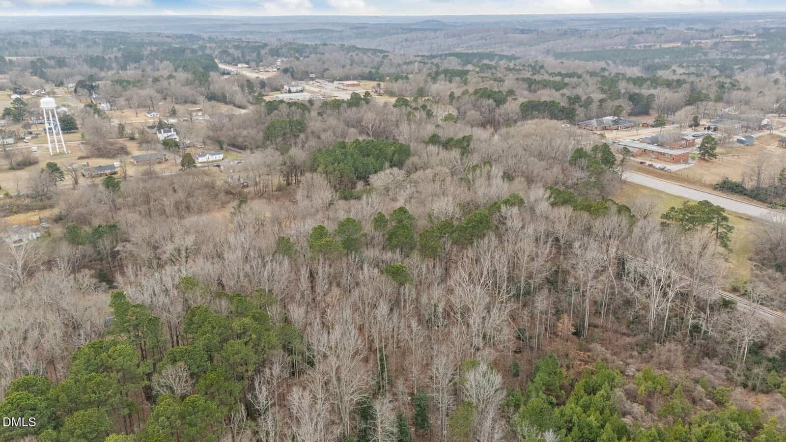 Aerial view of a wooded area with bare and evergreen trees, bordered by roads and scattered houses, with a small town and rolling hills visible in the background under a cloudy sky.