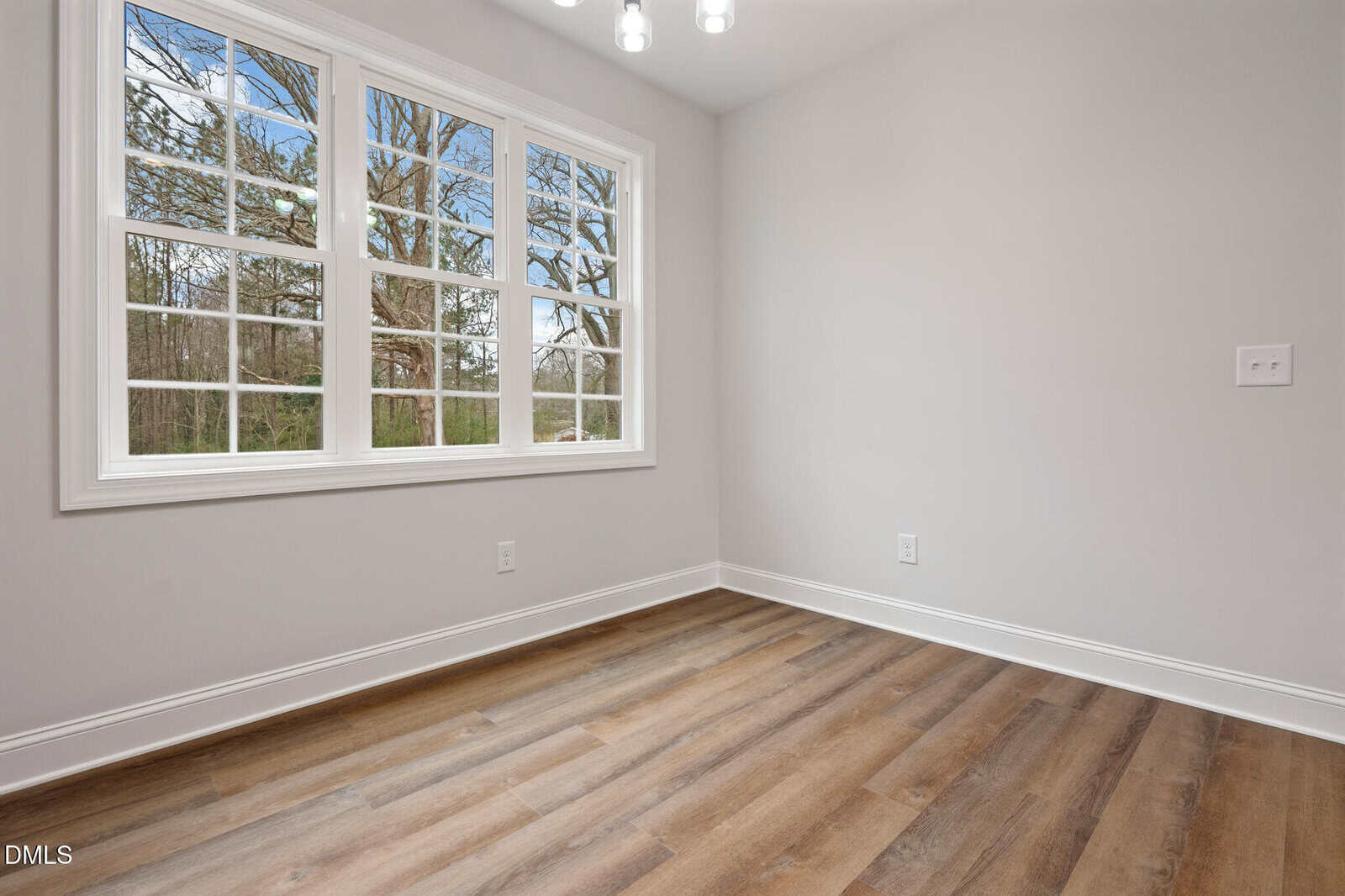 A bright, empty room with light gray walls, wood-style flooring, large white-trimmed windows, and a modern ceiling light fixture. Trees and sky are visible outside the window.
